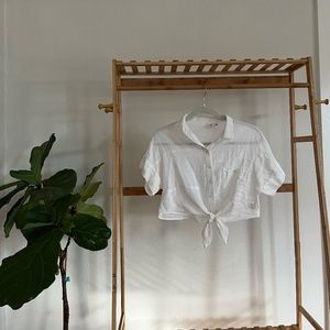 Cropped Tie Front Button Up Blouse